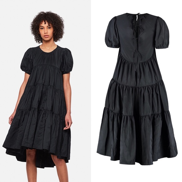 Cecilie Bahnsen Esme Black Tiered Layered Puff Sleeve Midi Length Dress US 6 - Picture 1 of 9